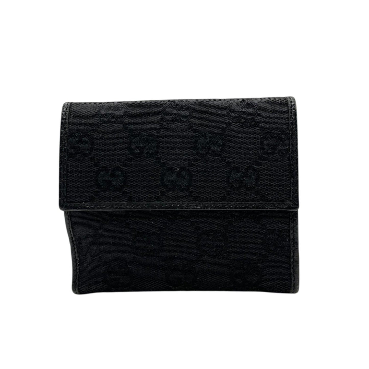 Gucci GG Canvas Bamboo Trifold Wallet Bifold Black Leather Compact Pattern