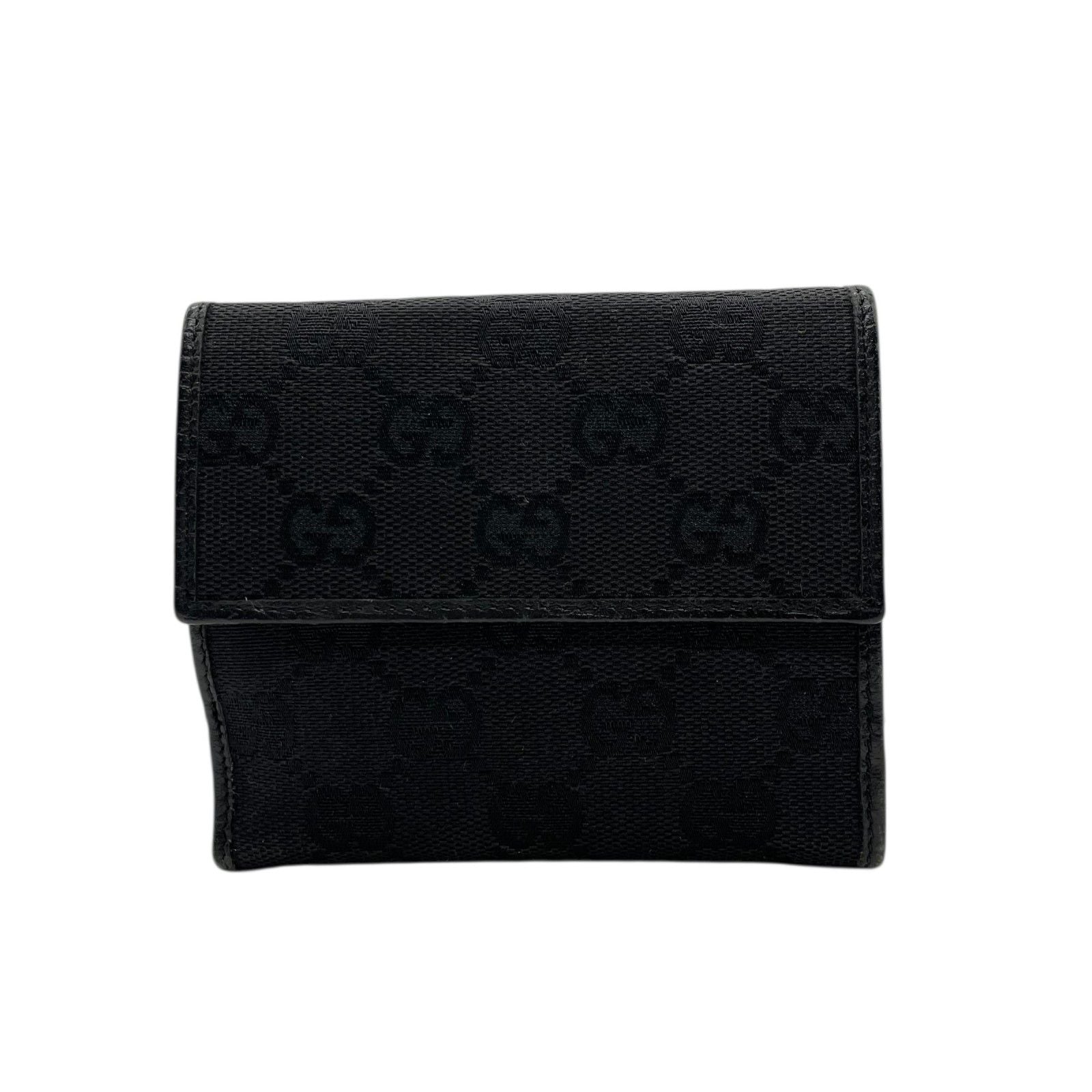 Gucci GG Canvas Bamboo Trifold Wallet Bifold Black Leather Compact Pattern