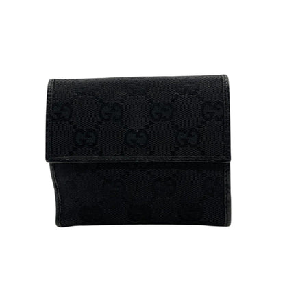 Gucci GG Canvas Bamboo Trifold Wallet Bifold Black Leather Compact Pattern