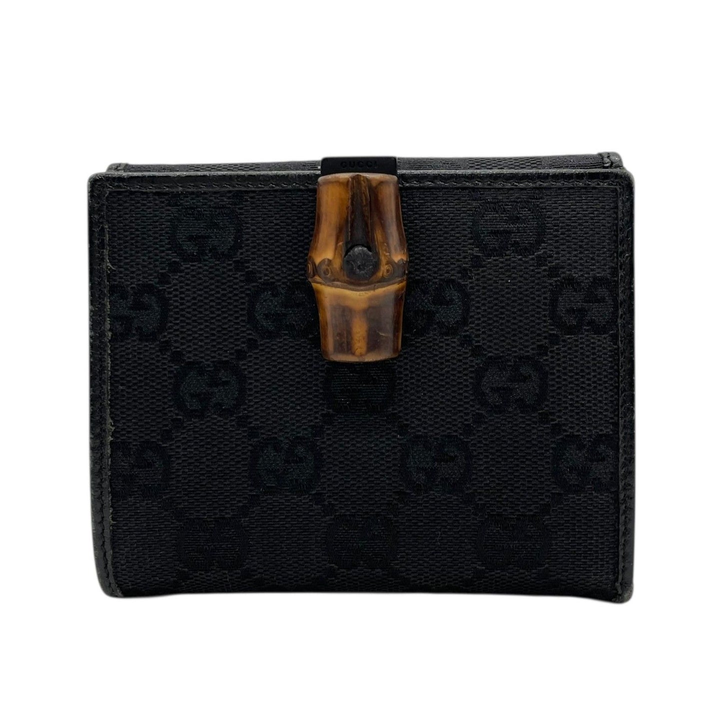 Gucci GG Canvas Bamboo Trifold Wallet Bifold Black Leather Compact Pattern