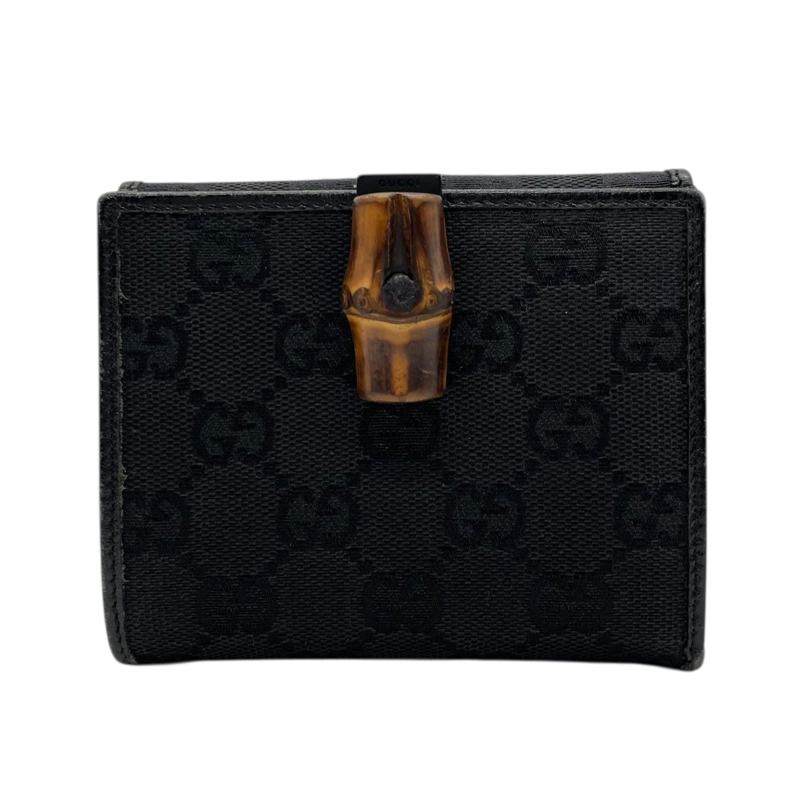Gucci GG Canvas Bamboo Trifold Wallet Bifold Black Leather Compact Pattern