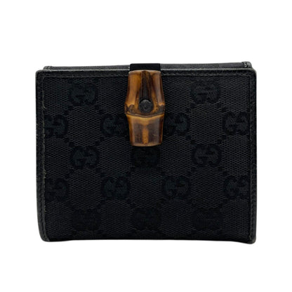 Gucci GG Canvas Bamboo Trifold Wallet Bifold Black Leather Compact Pattern