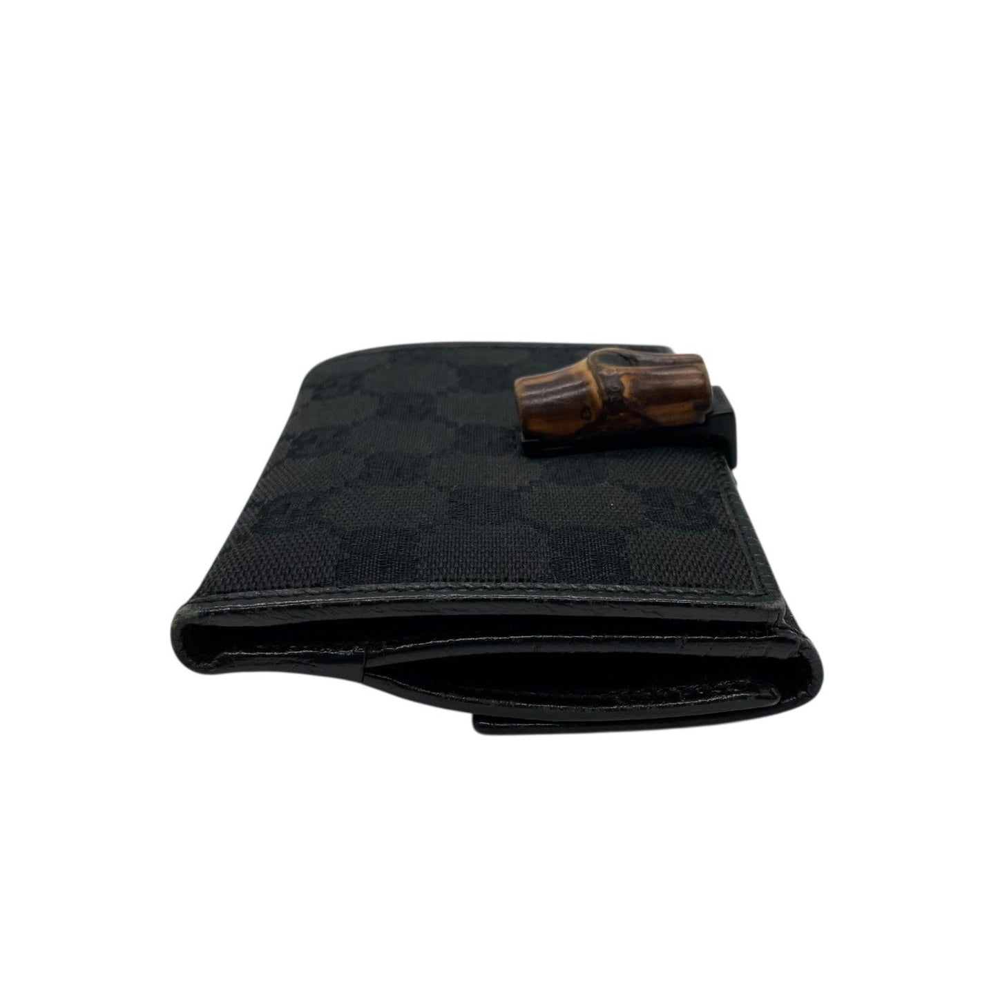 Gucci GG Canvas Bamboo Trifold Wallet Bifold Black Leather Compact Pattern