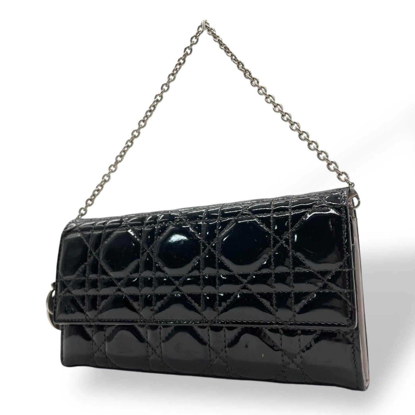 Dior Lady Cannage Patent Leather Chain Wallet Black Silver W4