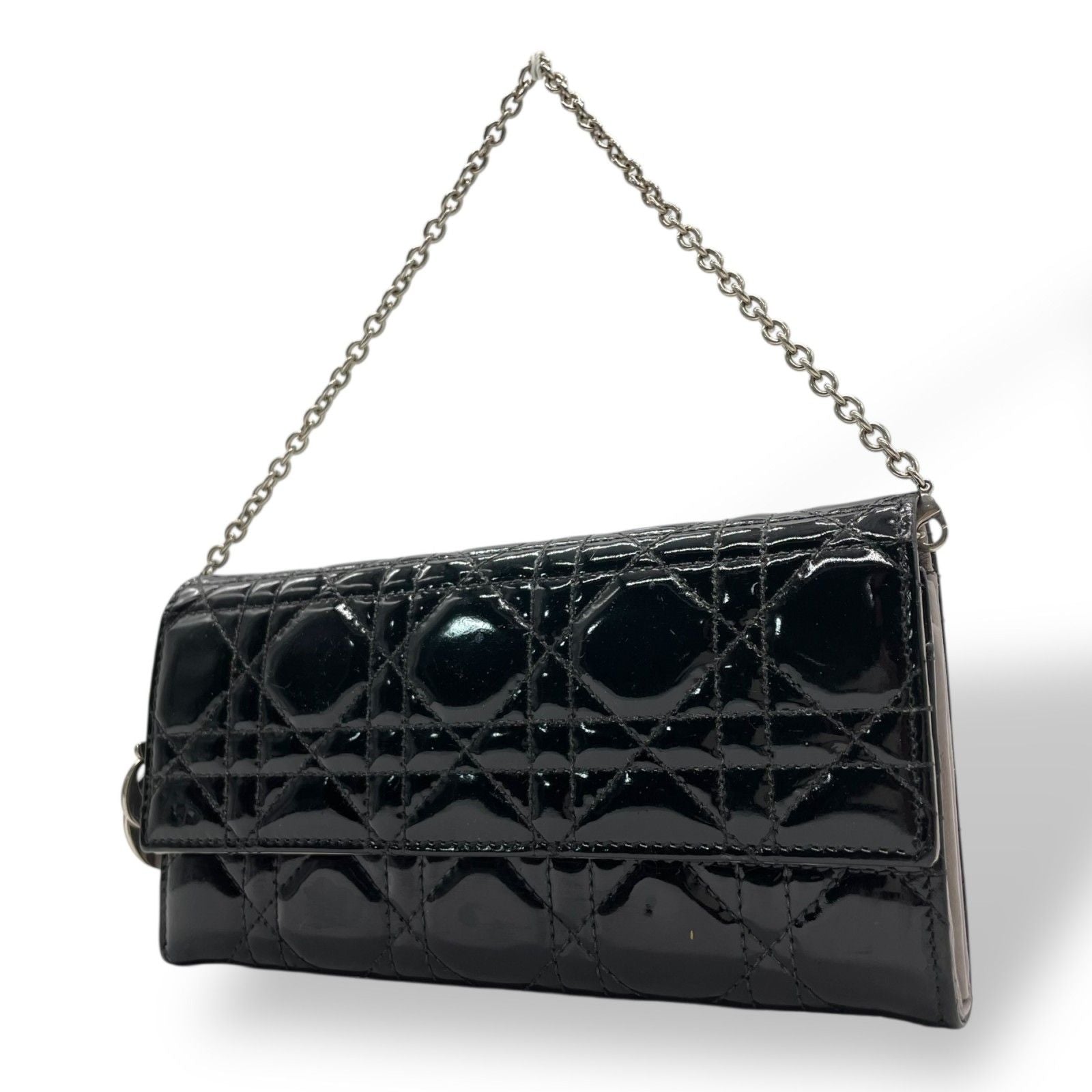 Dior Lady Cannage Patent Leather Chain Wallet Black Silver W4
