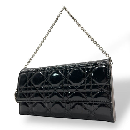 Dior Lady Cannage Patent Leather Chain Wallet Black Silver W4