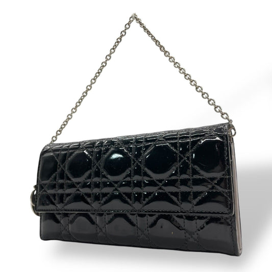 Dior Lady Cannage Patent Leather Chain Wallet Black Silver W4