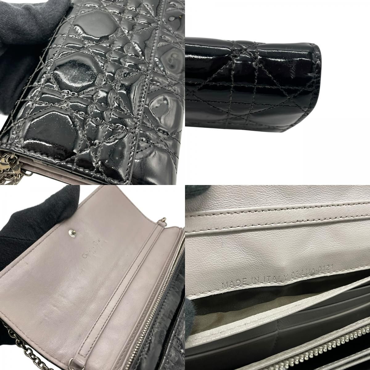 Dior Lady Cannage Patent Leather Chain Wallet Black Silver W4
