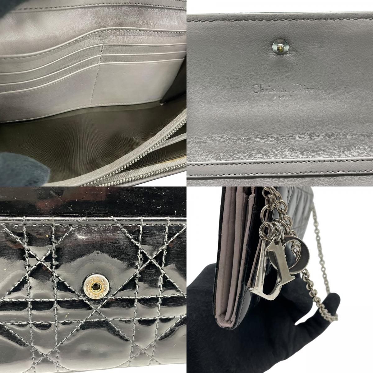 Dior Lady Cannage Patent Leather Chain Wallet Black Silver W4