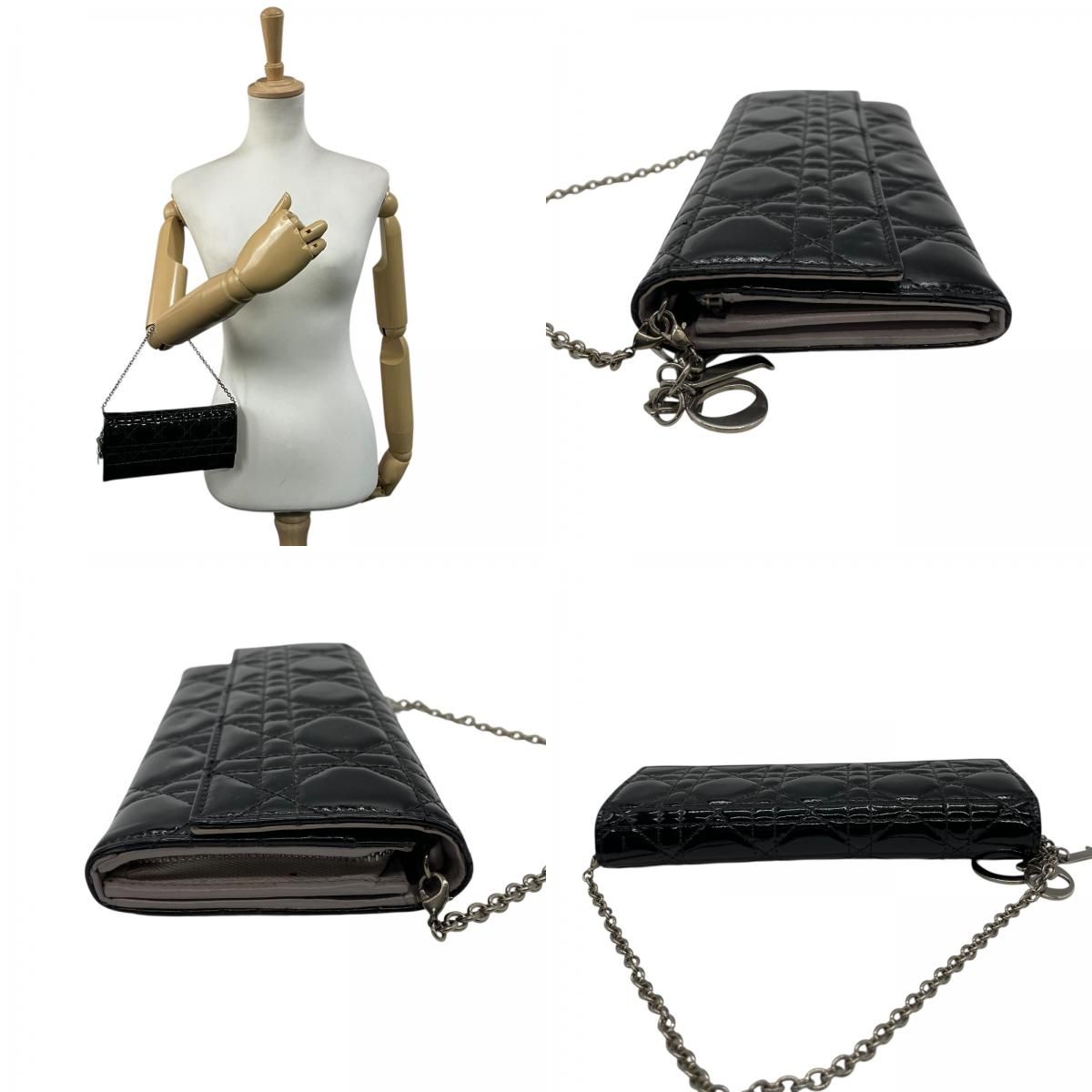 Dior Lady Cannage Patent Leather Chain Wallet Black Silver W4