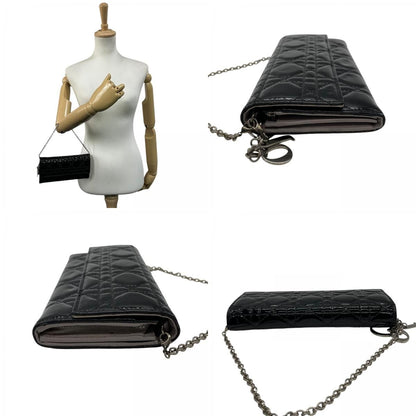 Dior Lady Cannage Patent Leather Chain Wallet Black Silver W4