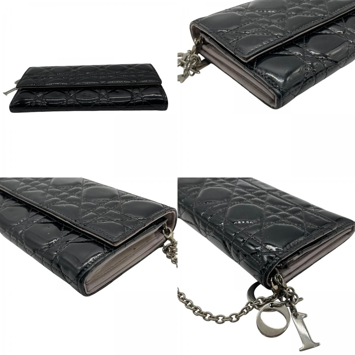 Dior Lady Cannage Patent Leather Chain Wallet Black Silver W4