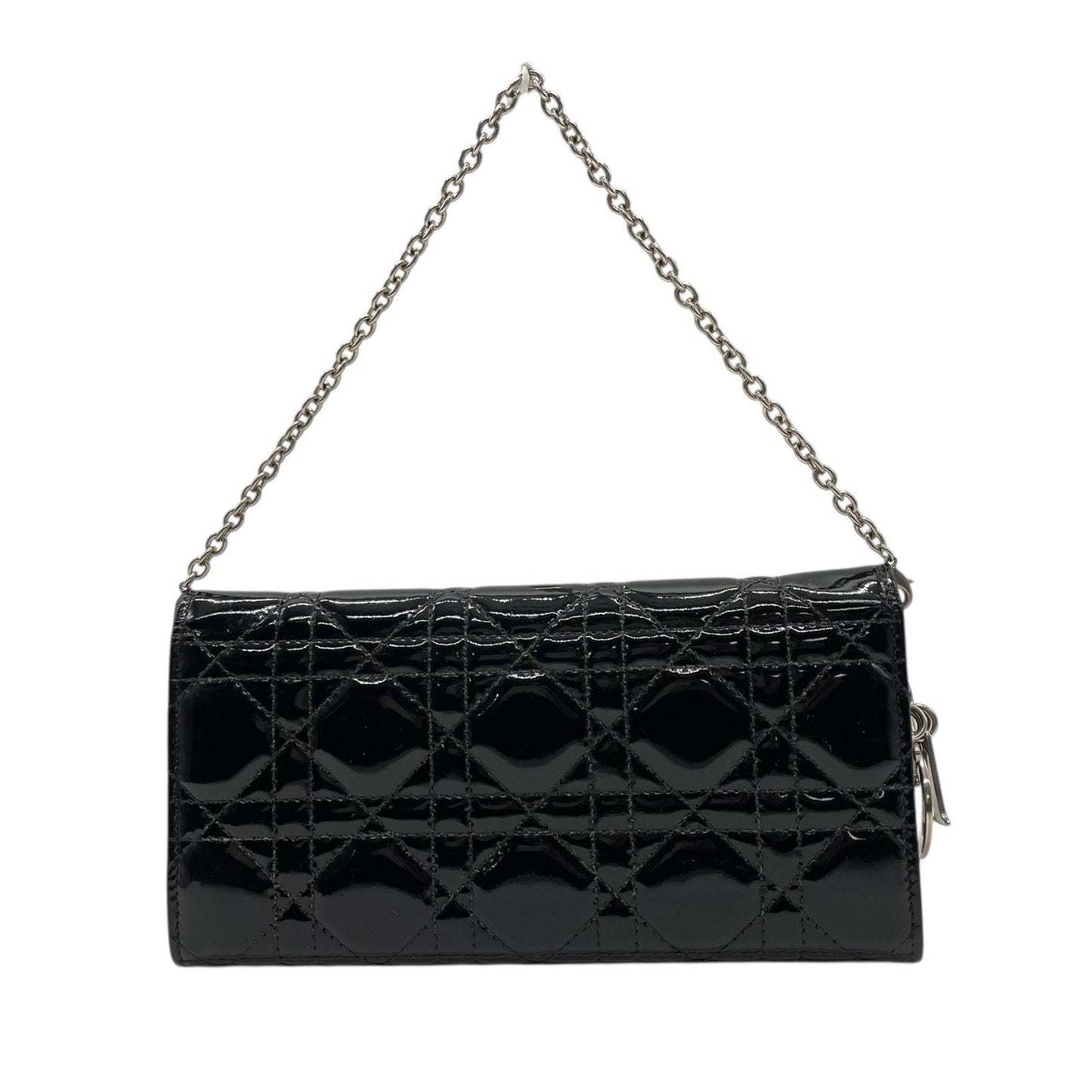 Dior Lady Cannage Patent Leather Chain Wallet Black Silver W4