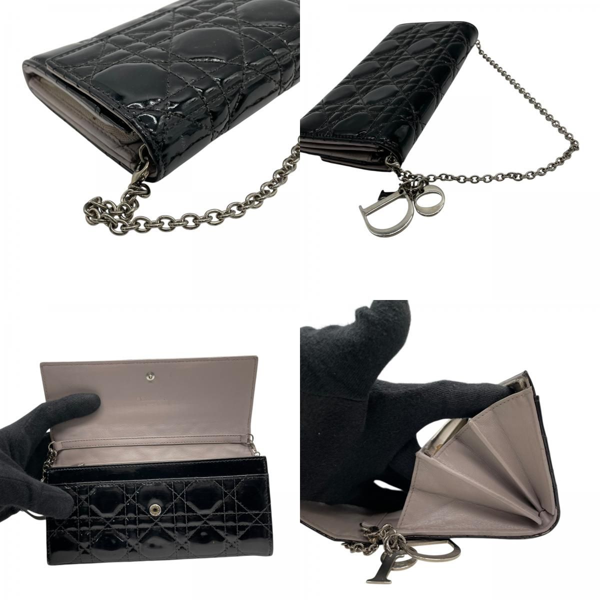 Dior Lady Cannage Patent Leather Chain Wallet Black Silver W4