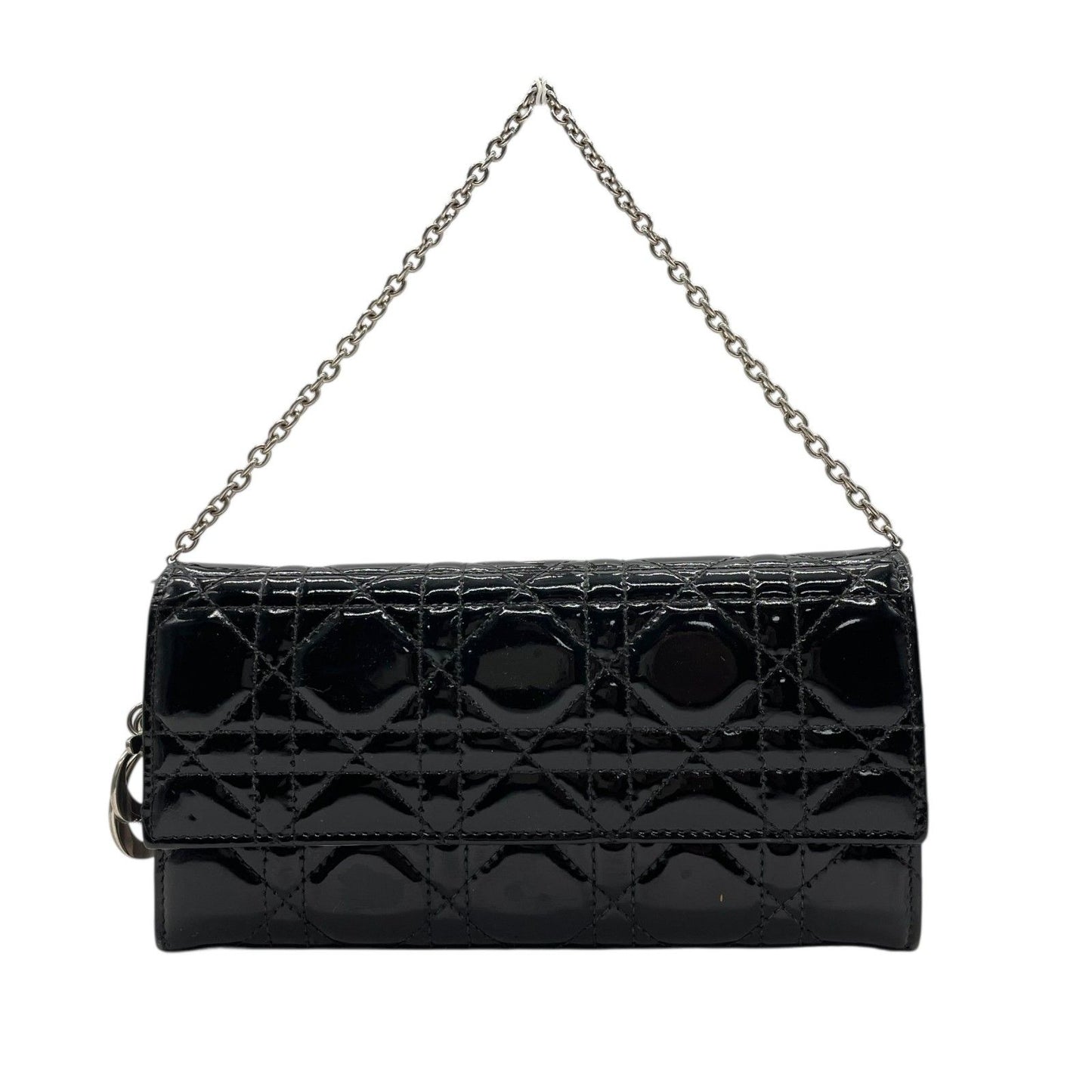 Dior Lady Cannage Patent Leather Chain Wallet Black Silver W4