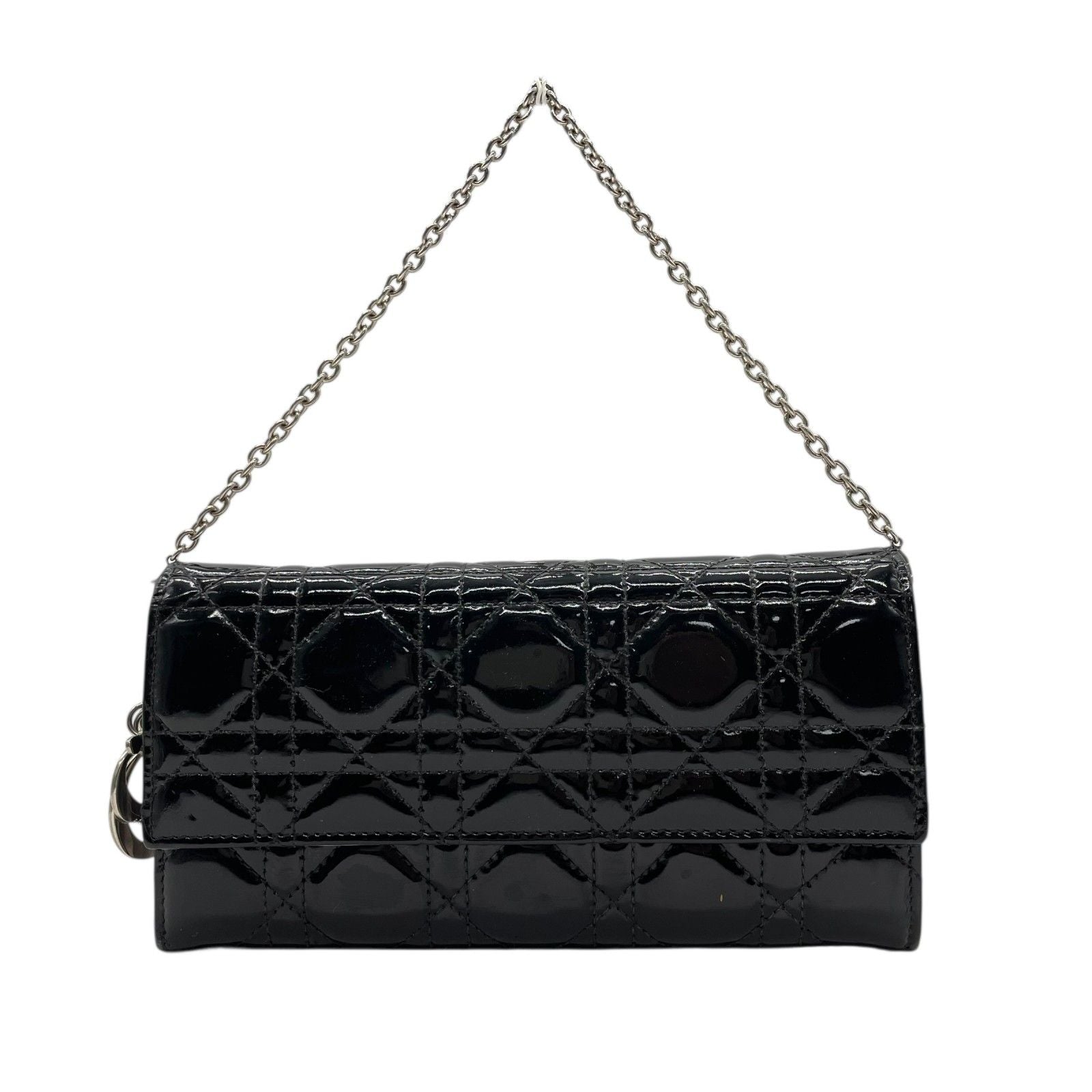 Dior Lady Cannage Patent Leather Chain Wallet Black Silver W4