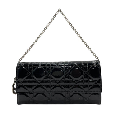 Dior Lady Cannage Patent Leather Chain Wallet Black Silver W4