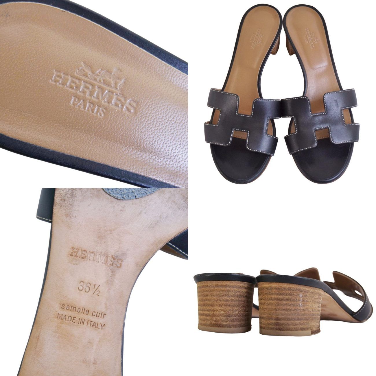 Hermes Sandals Oasis Logo Leather Heels Shoes — view 9