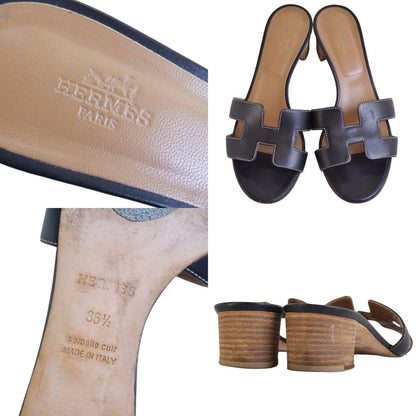 Hermes Sandals Oasis Logo Leather Heels Shoes — view 9
