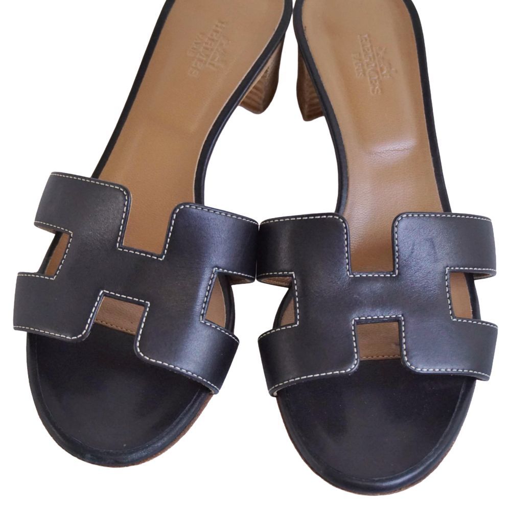 Hermes Sandals Oasis Logo Leather Heels Shoes — view 3