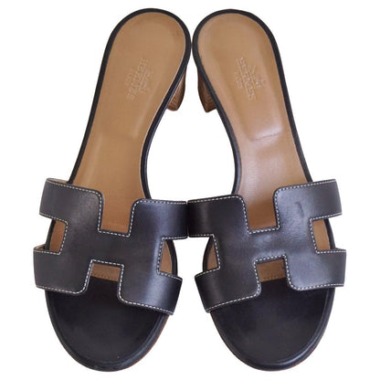 Hermes Sandals Oasis Logo Leather Heels Shoes — view 4