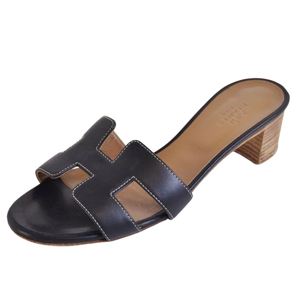 Hermes Sandals Oasis Logo Leather Heels Shoes
