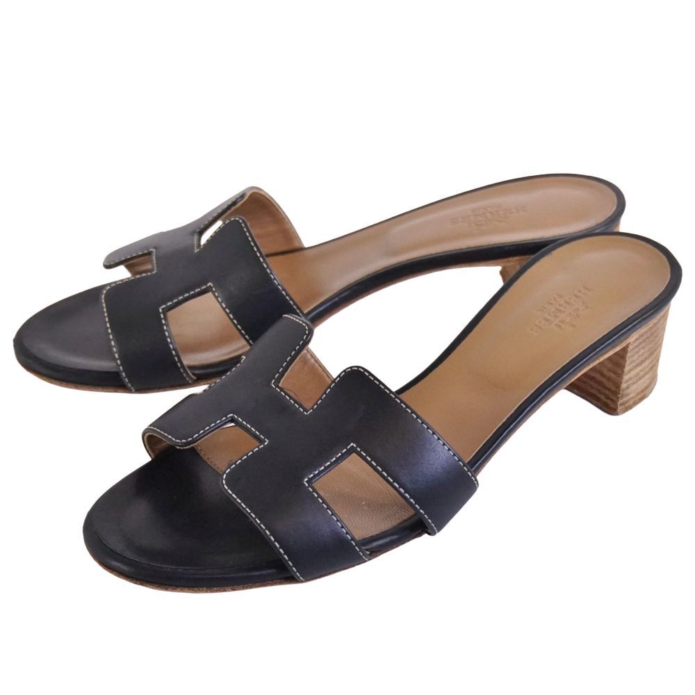 Hermes Sandals Oasis Logo Leather Heels Shoes — view 2