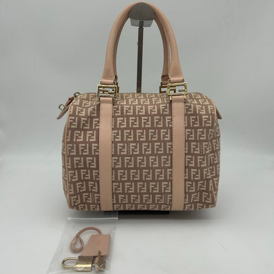Fendi Boston Bag Zucchino Mini Canvas Leather Beige