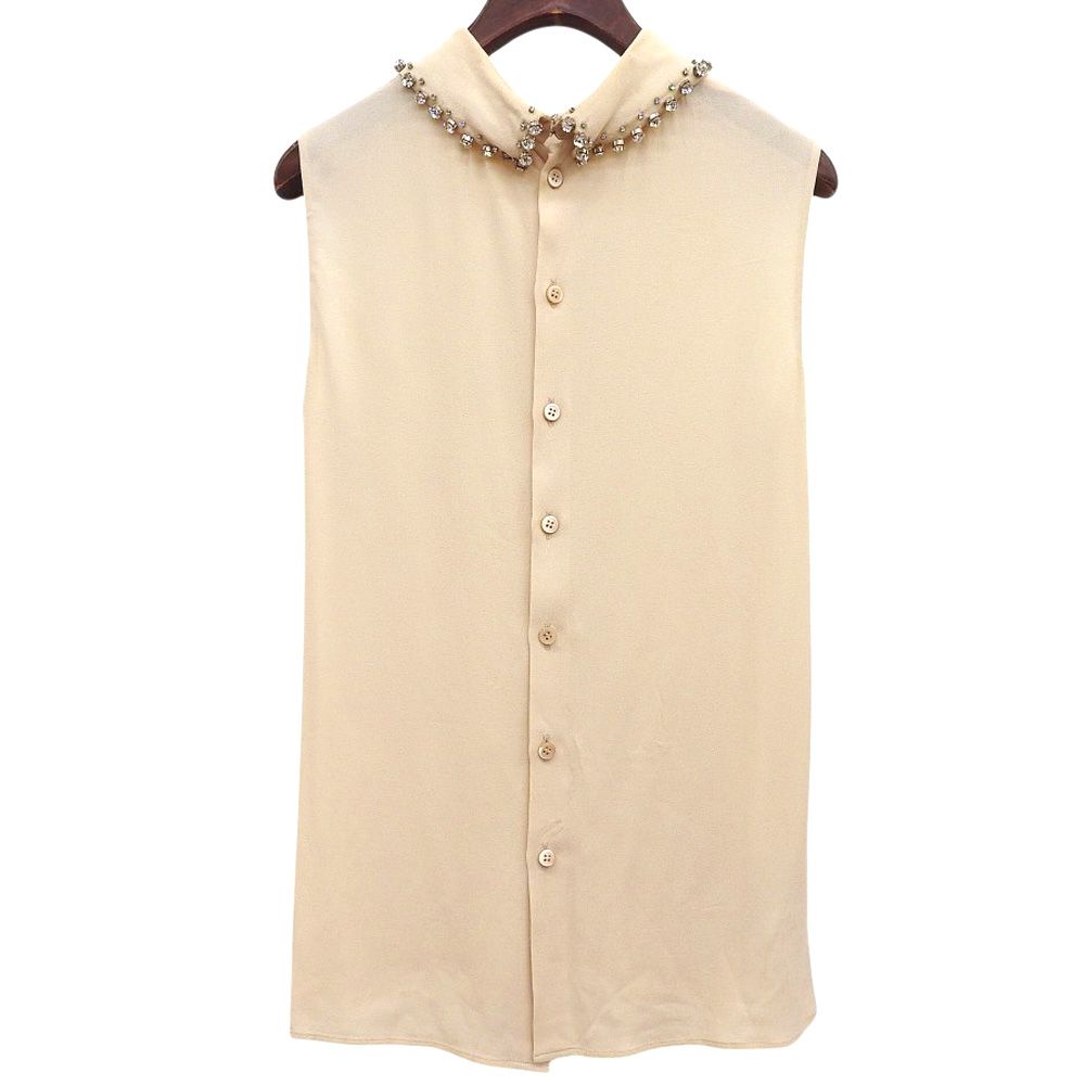 Miu Miu Star Bijou Crystal Sleeveless Shirt Blouse Top Rayon Blend Beige — view 2
