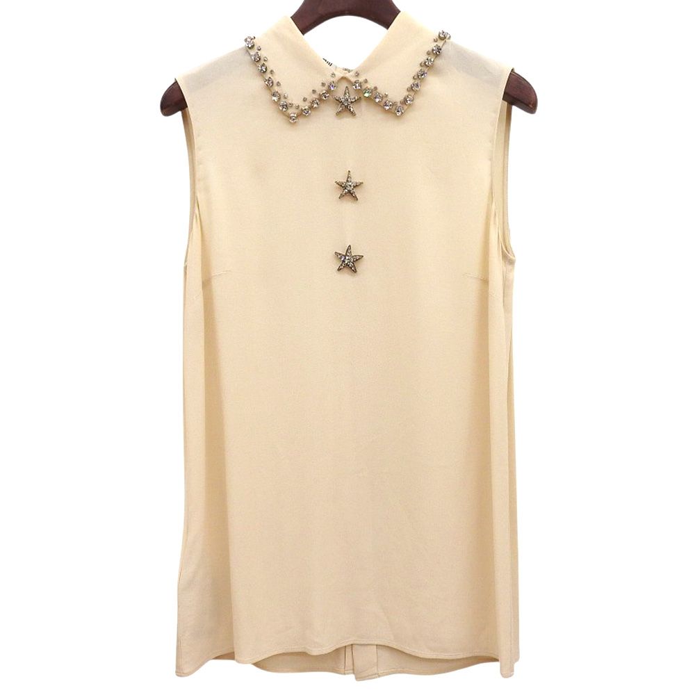 Miu Miu Star Bijou Crystal Sleeveless Shirt Blouse Top Rayon Blend Beige