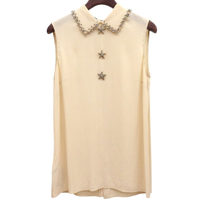 Miu Miu Star Bijou Crystal Sleeveless Shirt Blouse Top Rayon Blend Beige
