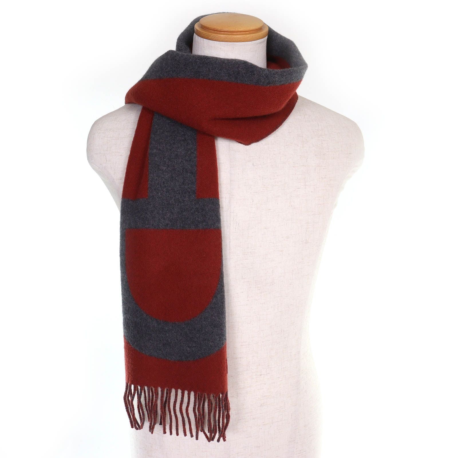 Hermes Grand Mall Cashmere Fringe Scarf Bicolor Brown Gray