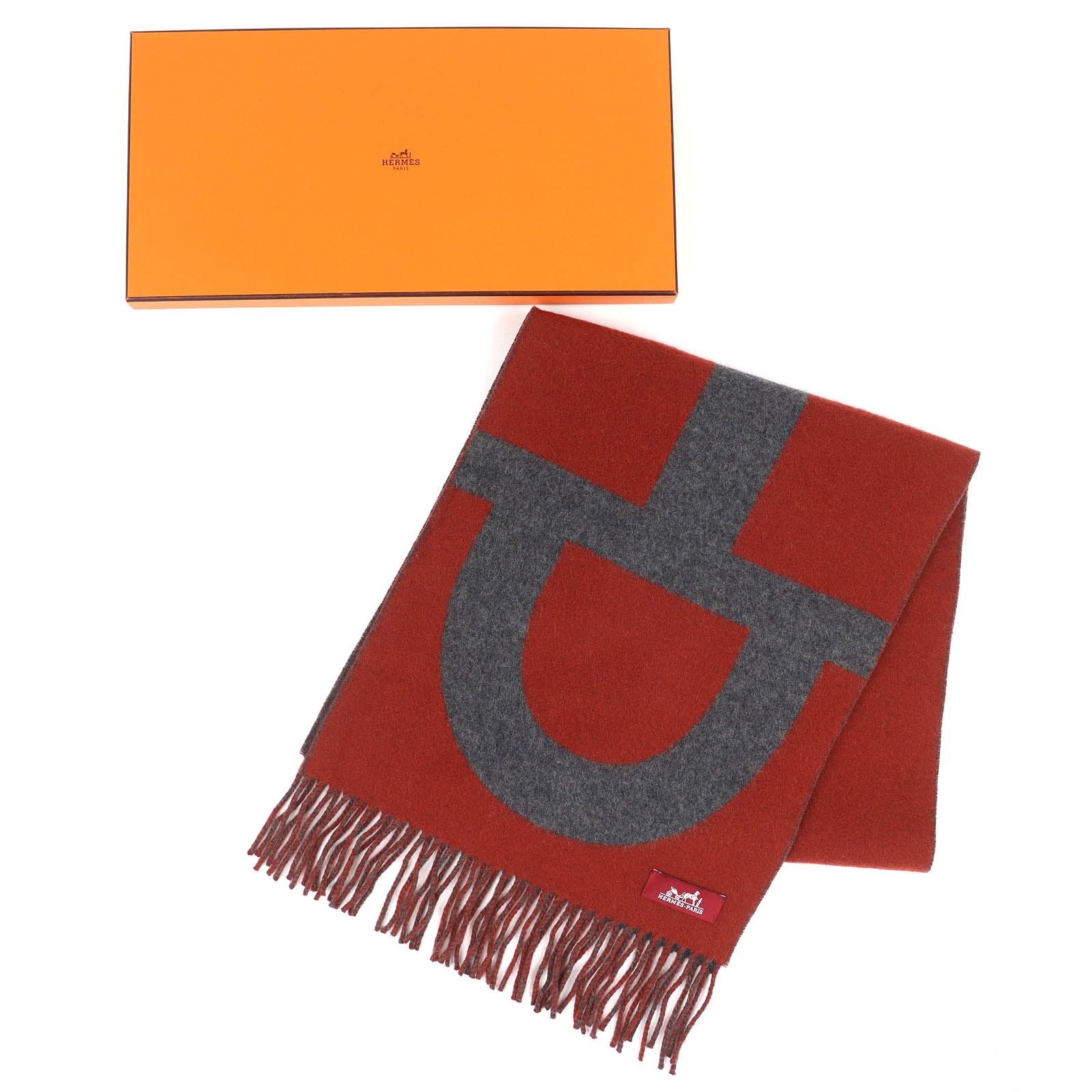 Hermes Grand Mall Cashmere Fringe Scarf Bicolor Brown Gray