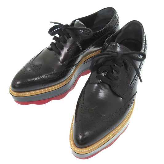 Prada Platform Thick Sole Wingtip 36.5 Leather Rubber Black Shoes Loafers