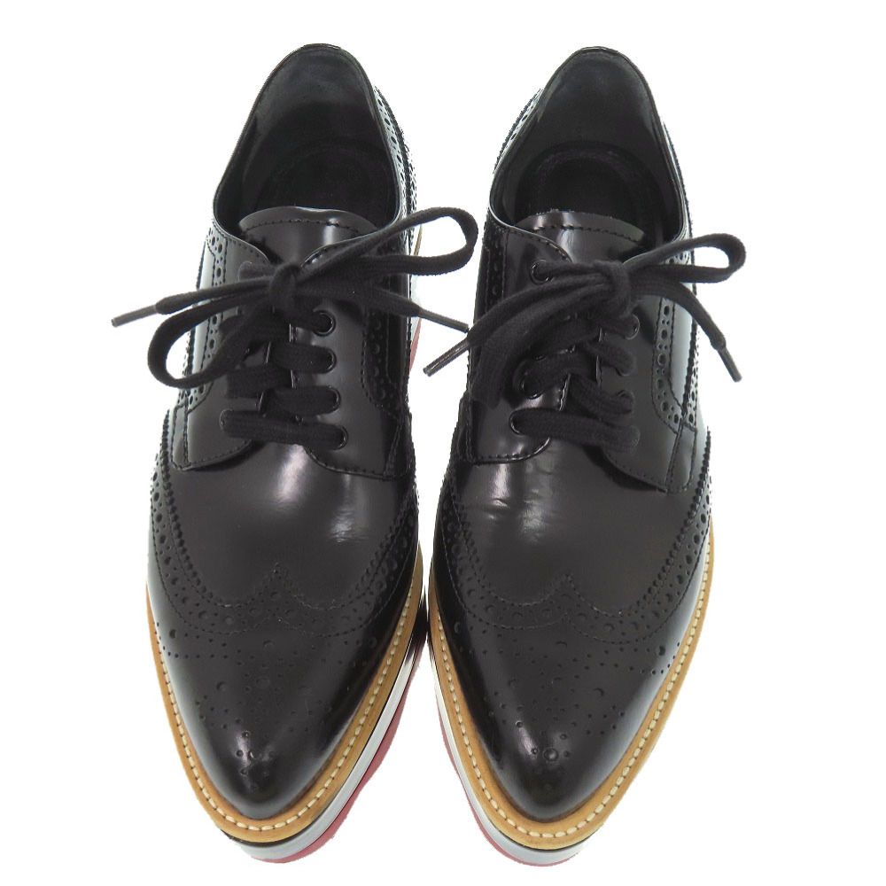 Prada Platform Thick Sole Wingtip 36.5 Leather Rubber Black Shoes Loafers