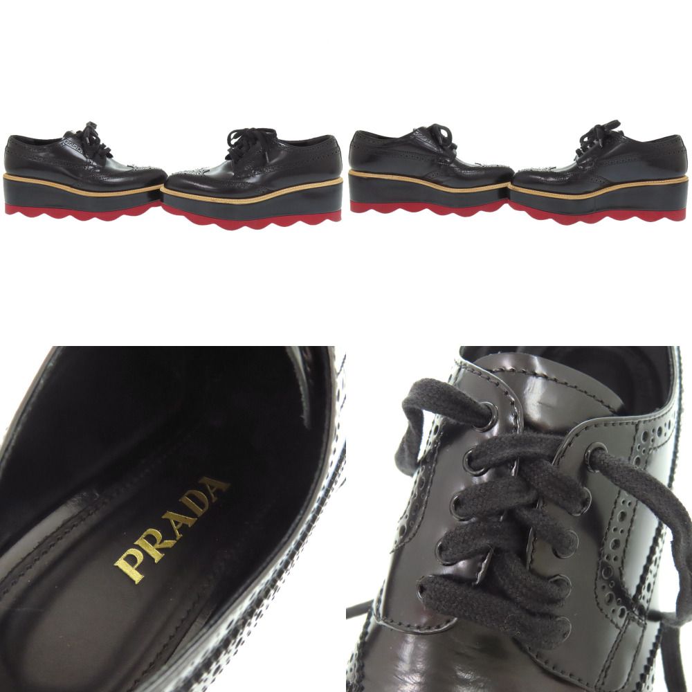 Prada Platform Thick Sole Wingtip 36.5 Leather Rubber Black Shoes Loafers