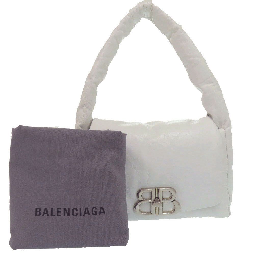Balenciaga Monaco Sling Bag BB Logo Silver Calfskin Leather White