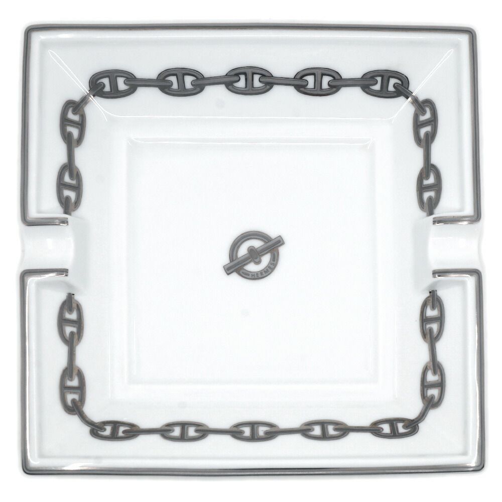 Hermes Ashtray Plate Chaine D'ancre White Silver Square Small Ceramic