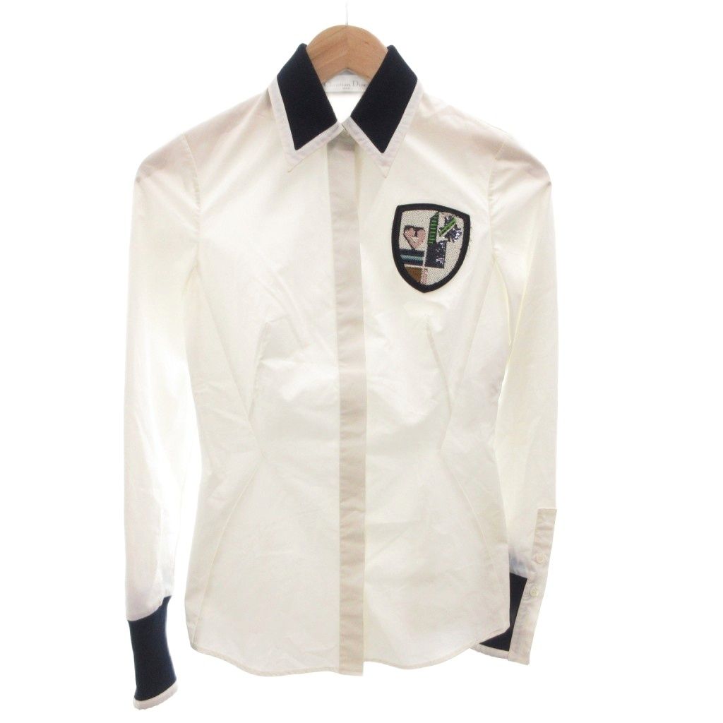 Dior Shirt Blouse Corduroy Patch Sequin Long Sleeve 34 White