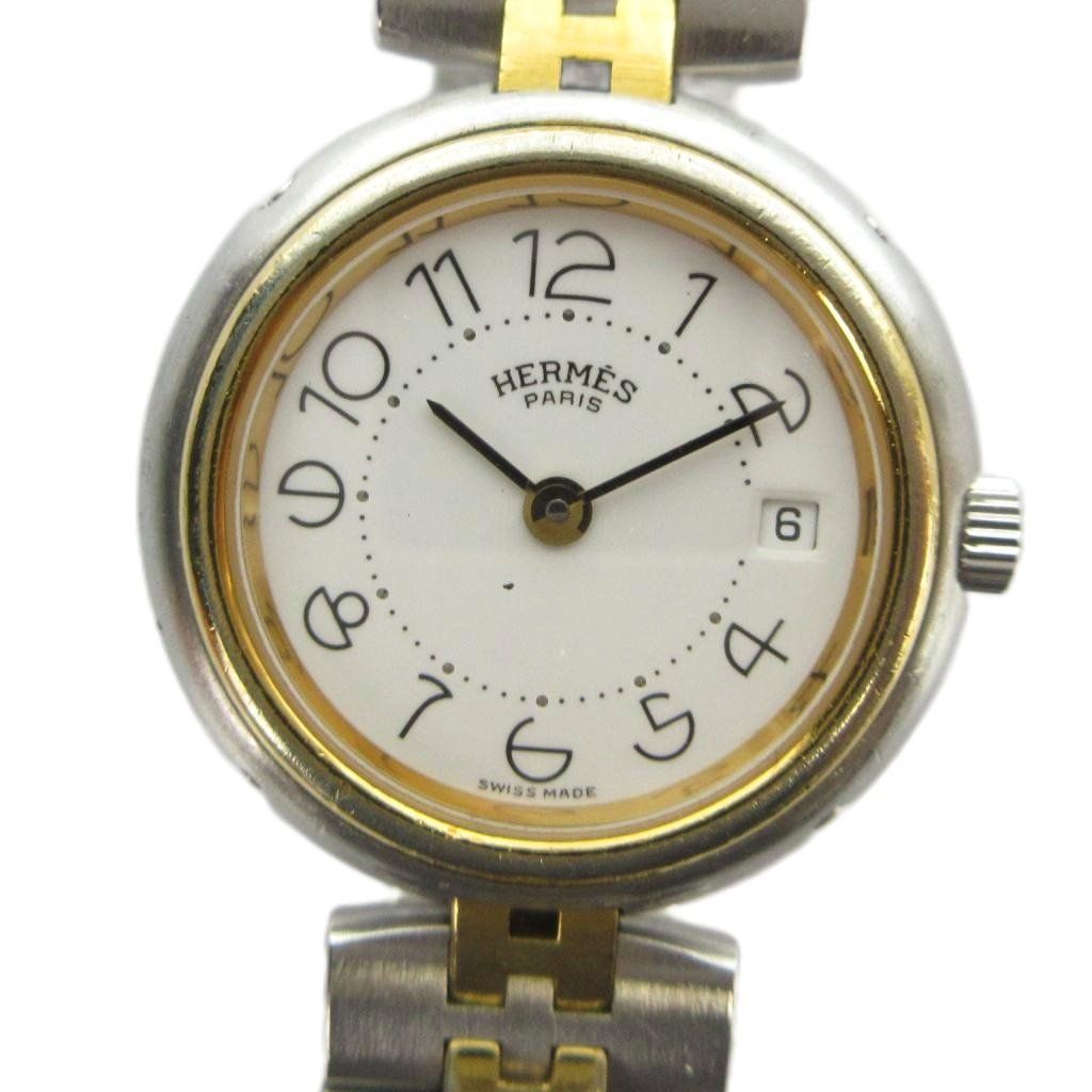 Hermes Profile Watch Quartz White Dial with Carre Date Silver Color Gold