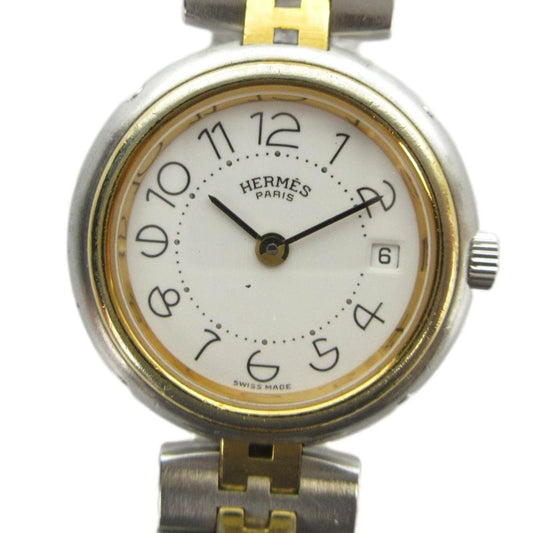 Hermes Profile Watch Quartz White Dial with Carre Date Silver Color Gold