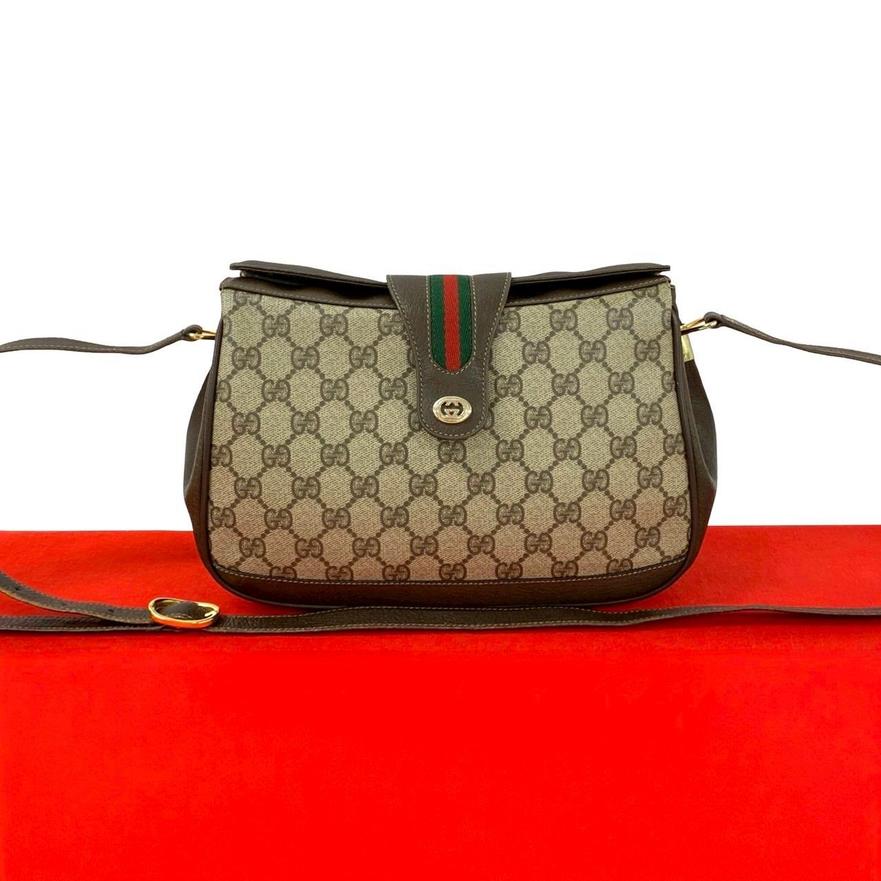 Gucci Vintage Sherry Line GG Logo Leather Shoulder Bag Pochette Brown