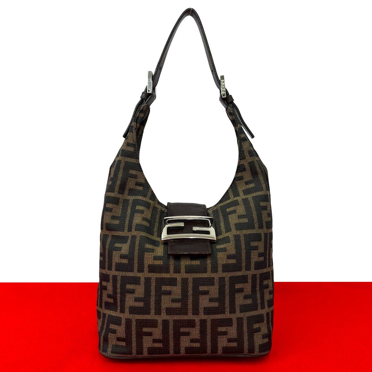 Fendi Zucca FF Pattern Canvas Leather Shoulder Bag Mini Tote Brown