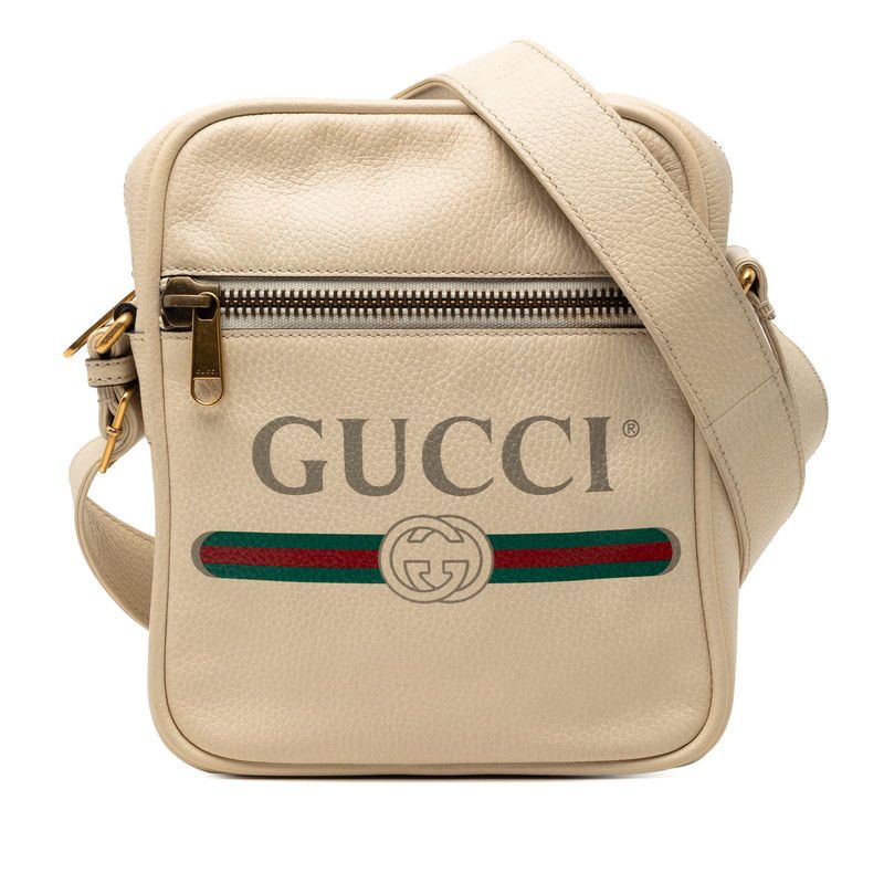 Gucci Logo Print Shoulder Bag White Multicolor Leather
