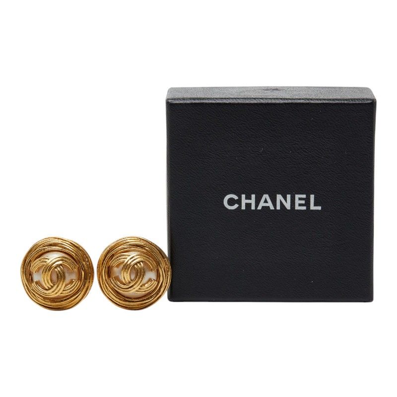 Chanel CC Logo Vintage Earrings Ring Gold Plated Faux Pearl