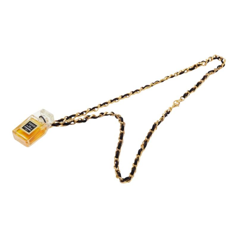 Chanel Perfume Bottle Motif Necklace Clear Gold Black Glass Plated Velour