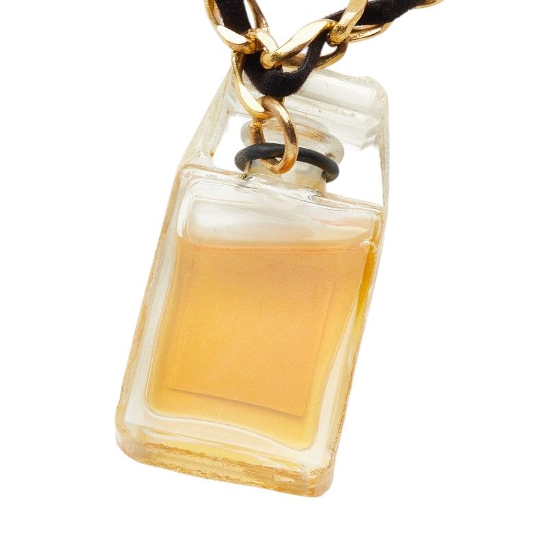 Chanel Perfume Bottle Motif Necklace Clear Gold Black Glass Plated Velour