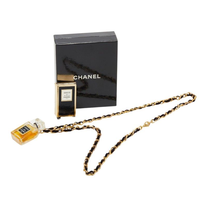 Chanel Perfume Bottle Motif Necklace Clear Gold Black Glass Plated Velour