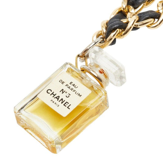 Chanel No5 Perfume Bottle Motif Necklace Clear Gold Black Glass Plated Leather