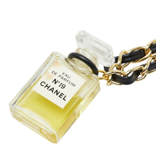 Chanel Perfume Bottle Motif Necklace Clear Gold Black Glass Plated Leather